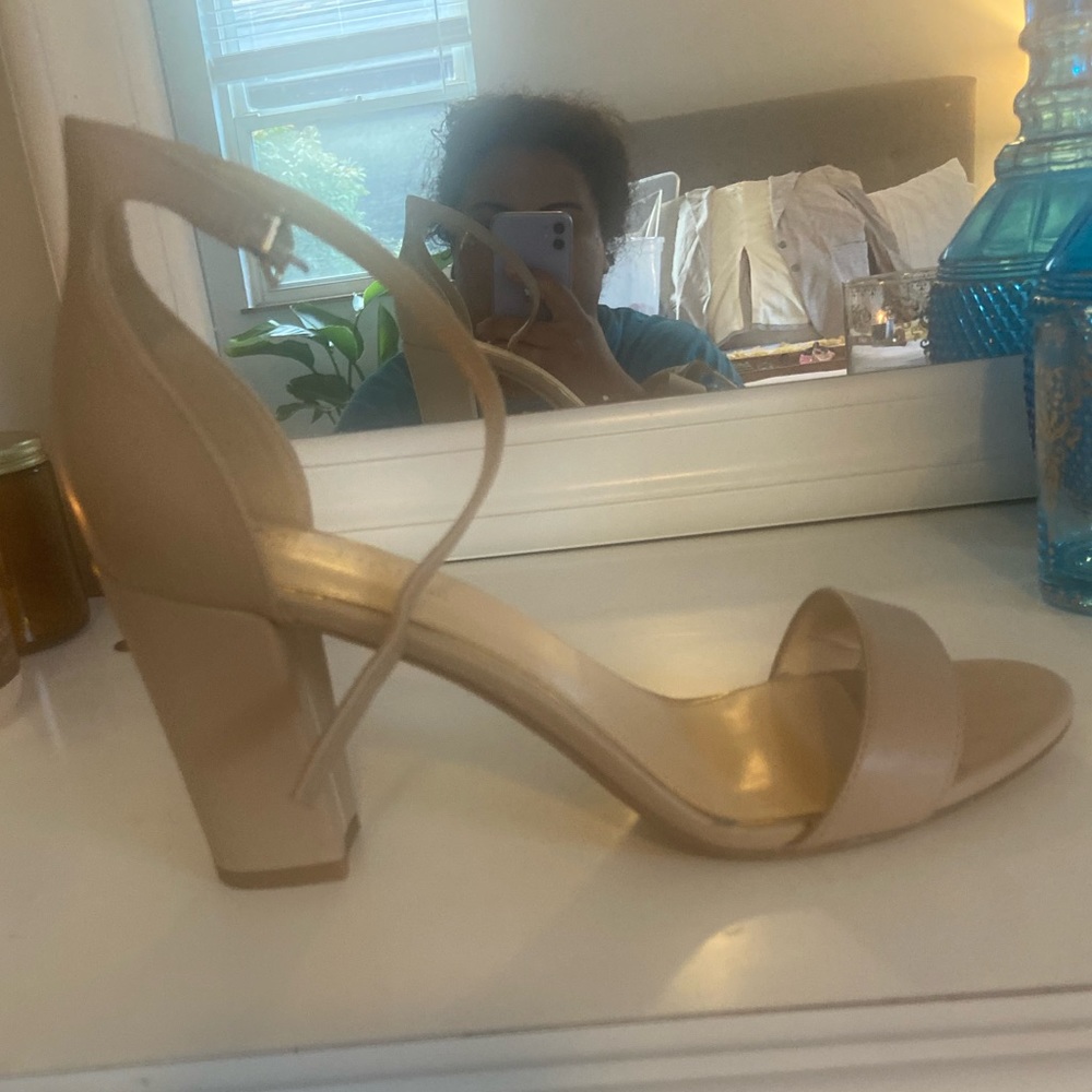 Nude, patent, open-toed pumps